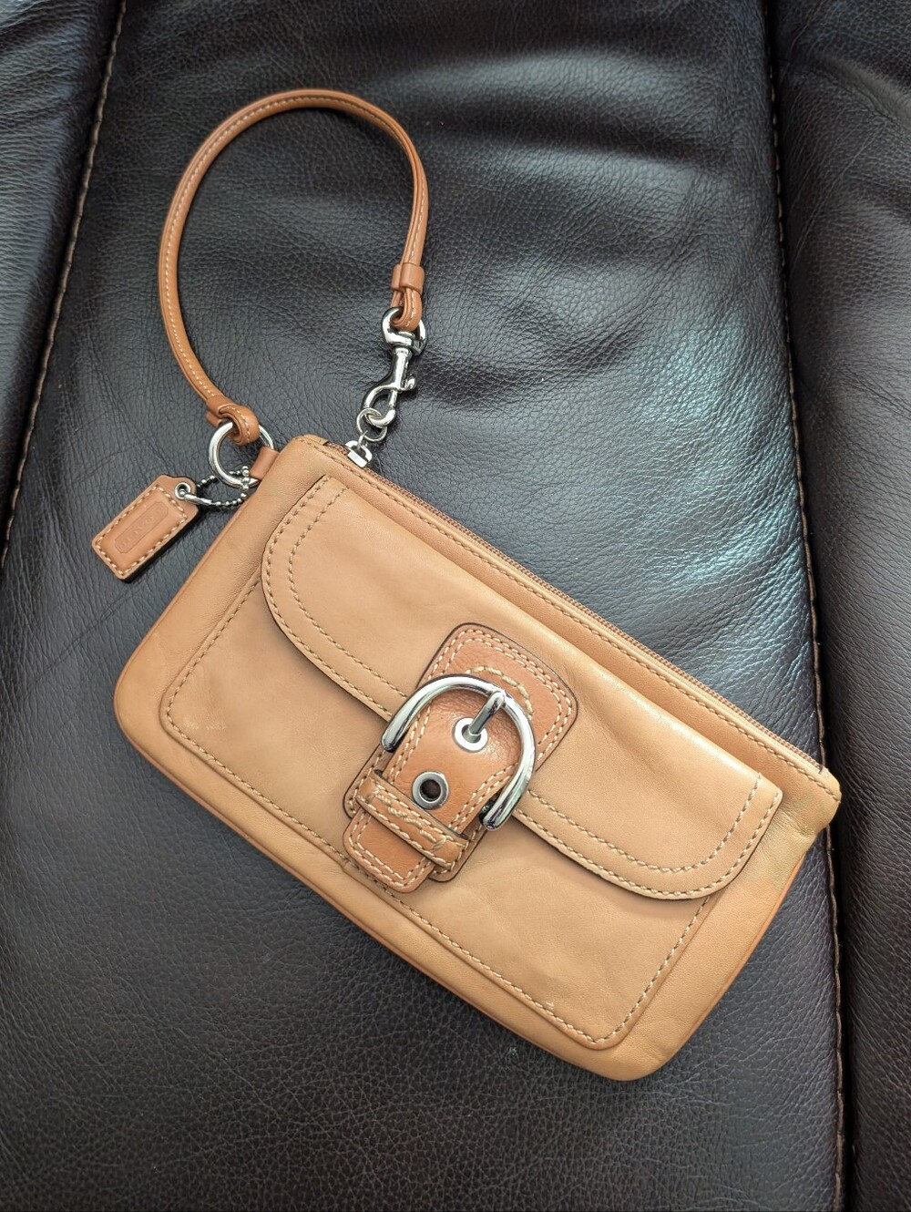 Coach Leather Wristlet in Tan with Silver Buckle